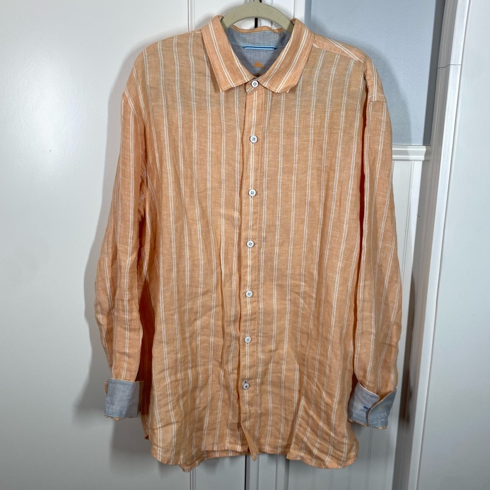 Tommy Bahama‎ Mens Relax Linen Striped Button Down Shirt Coral White Size Large